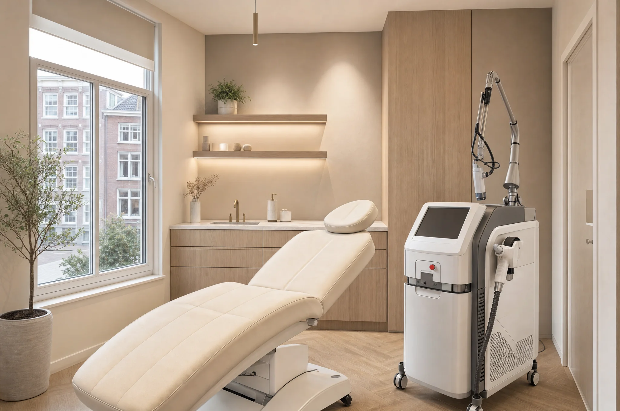 Sfeerbeeld van een rustige behandelruimte met professionele laserapparatuur